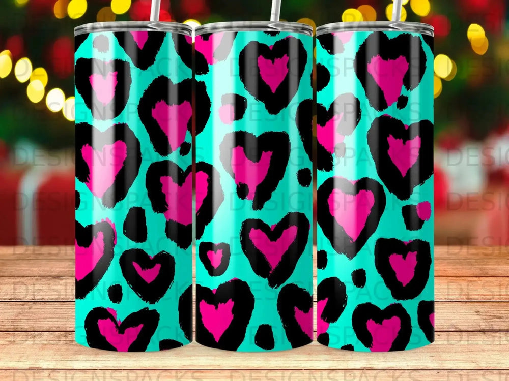 Bright Pink Heart Leopard Print Aqua Tumbler Digital Wrap Design
