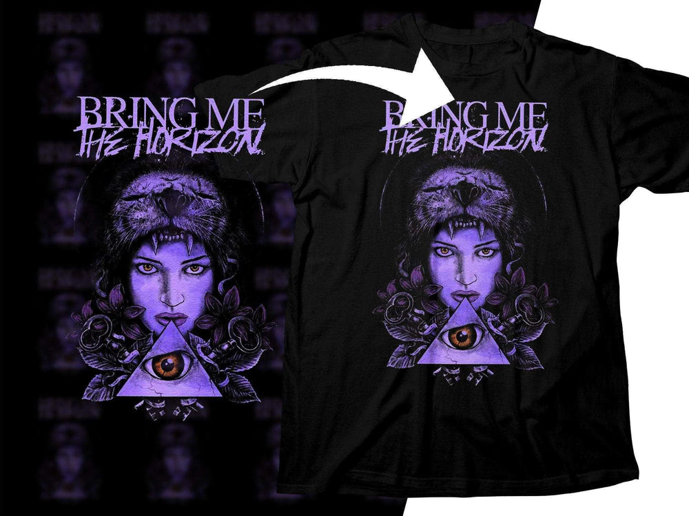Bring Me The Horizon t-shirt with purple artwork, eye in triangle, and floral design