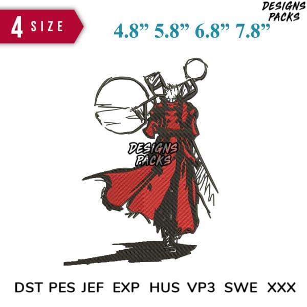 Anime-style embroidery design of red-cloaked warrior with sword, available in 4 sizes & multiple formats