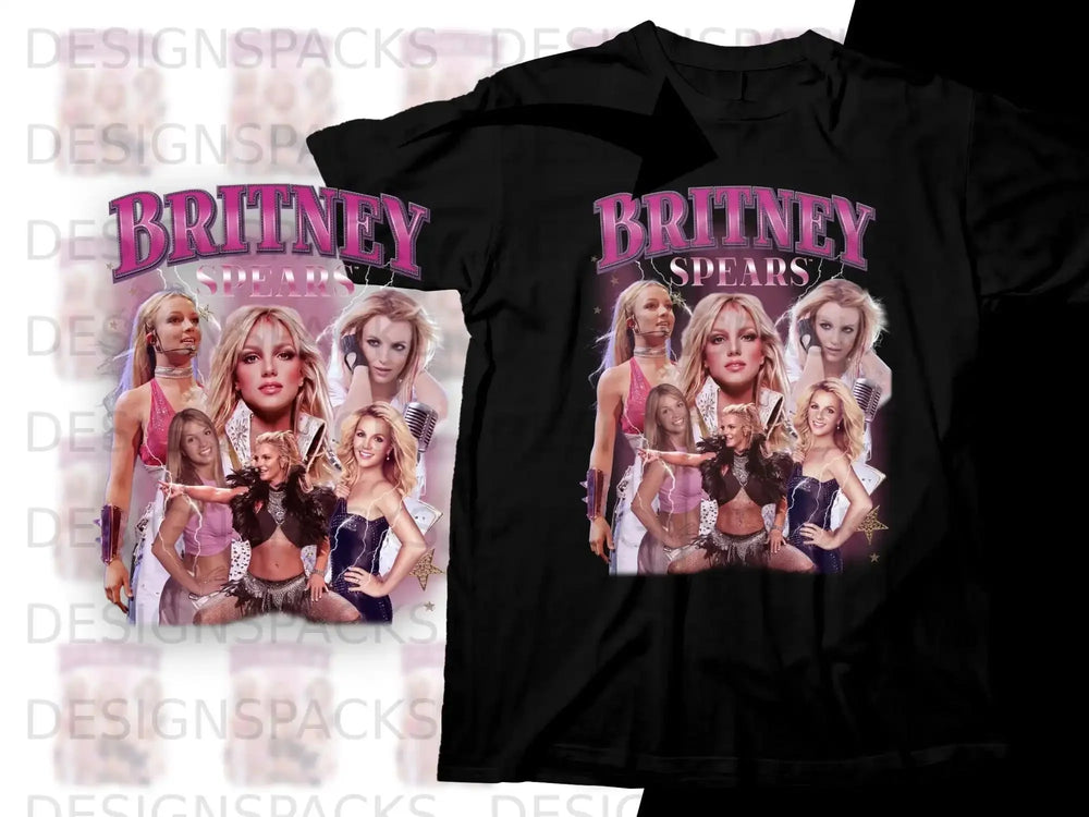 Britney Spears montage with concert outfits on black t-shirt.