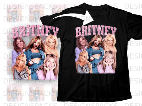 Britney Spears in a black t-shirt, smiling, with 