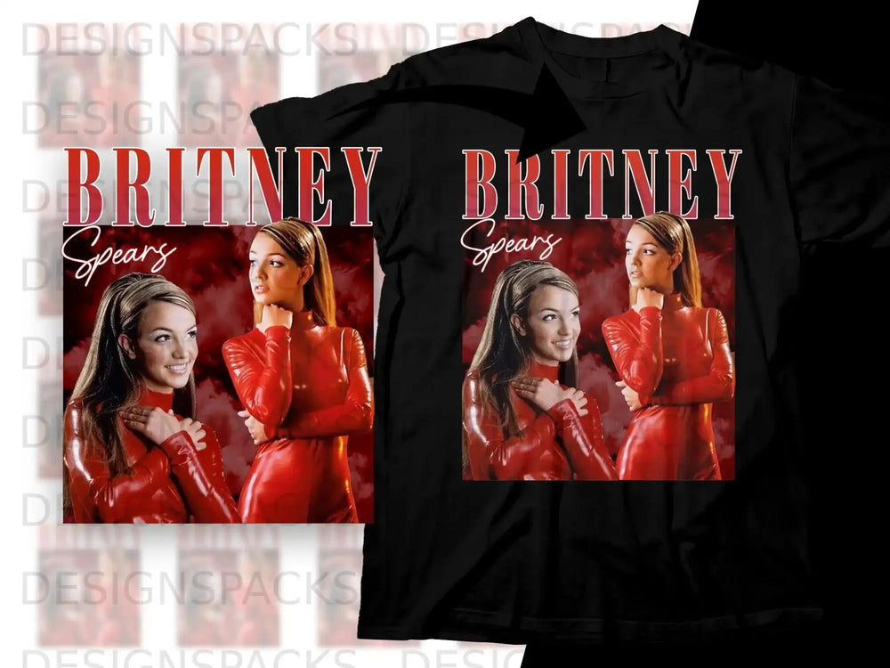 Britney Spears in a red latex outfit on a black t-shirt.