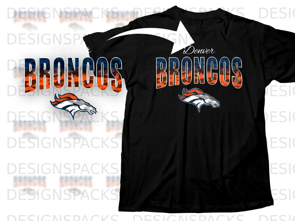 Black t-shirt with Denver Broncos logo and text design.