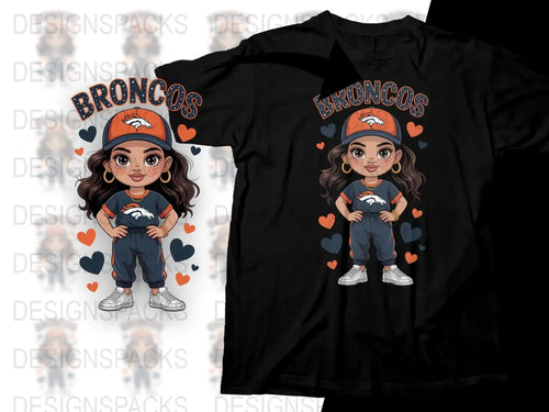 Cute Broncos Fan Girl T-Shirt, Chibi Football Lover Graphic Tee, Kids and Adults Sizes Available