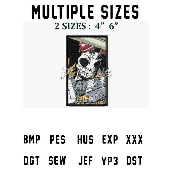 Embroidery design with skull in hat, available in 4" and 6" sizes, multiple file formats