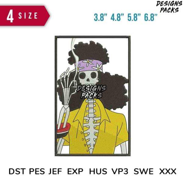Embroidery design of skeleton with afro, yellow shirt, and headband, available in multiple sizes and formats