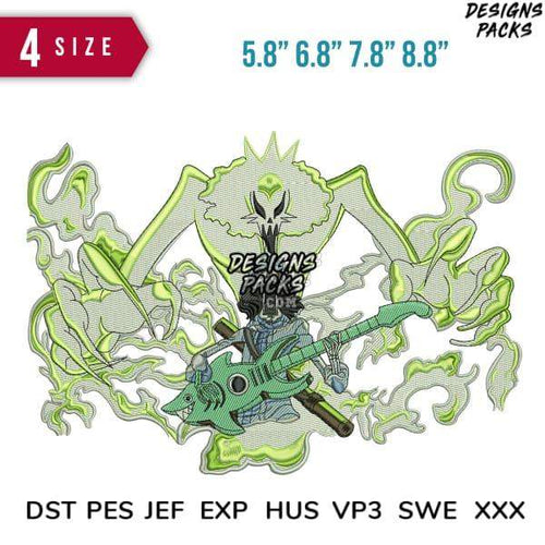 Green monster embroidery design with guitar, 4 sizes, DST PES JEF formats for instant download