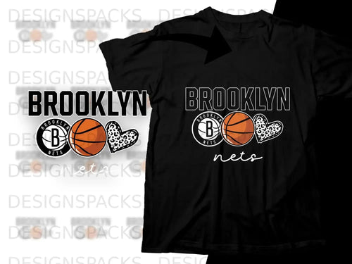Brooklyn Nets logo with basketballs and heart designs on a black t-shirt.