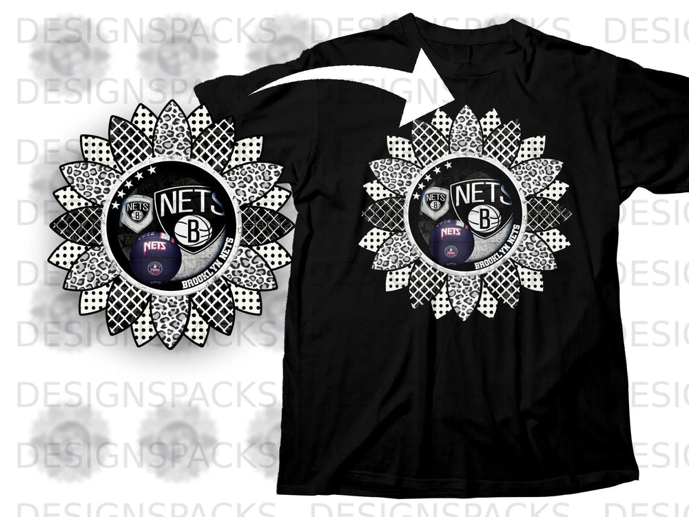 Black t-shirt featuring a sunflower design with Brooklyn Nets logos.
