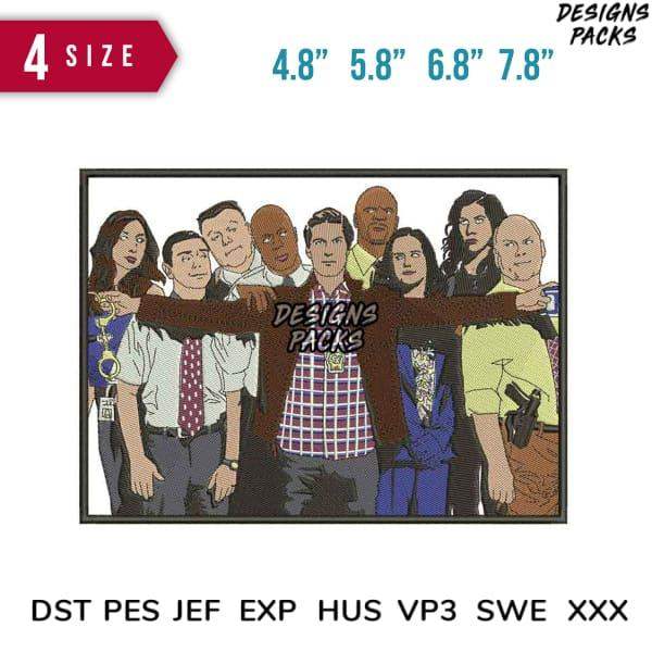 Embroidery design of cartoon police team, available in 4 sizes & multiple formats like PES, DST, EXP for instant download.