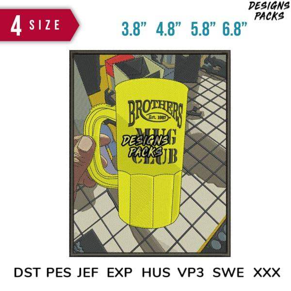Yellow mug with Brothers Mug Club design, available in 4 sizes for embroidery