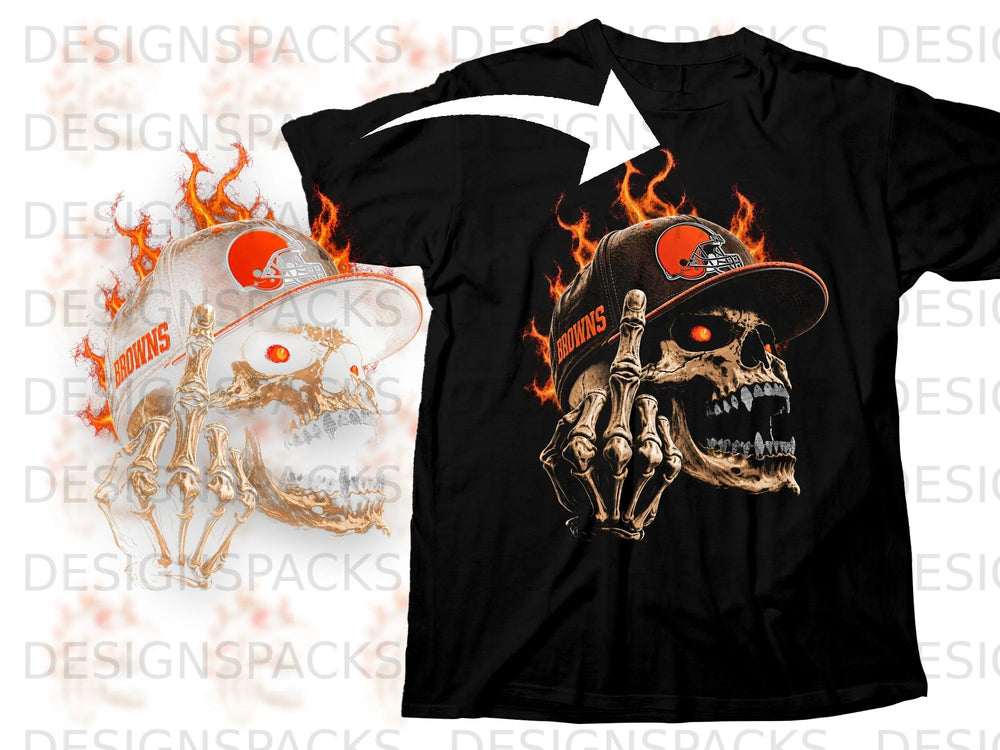 Black t-shirt with a flaming skull wearing a Browns hat, giving the middle finger.