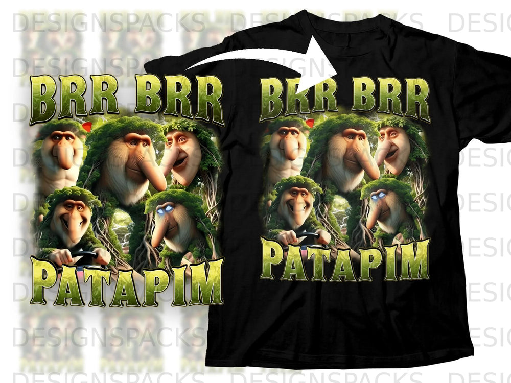 Black t-shirt with "BRR BRR" and "PATAPIM" text and cartoon proboscis monkeys.