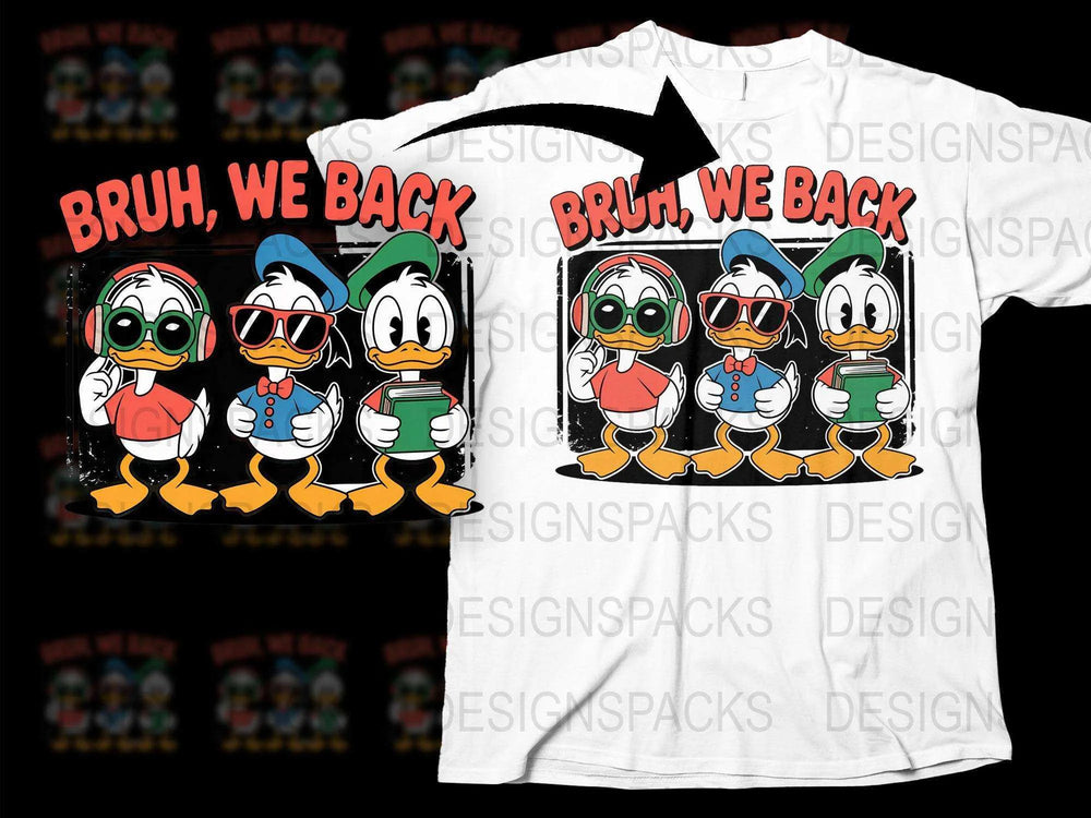 Bruh We Back Cartoon Ducks T-Shirt, Cool Hip Hop Style Duck Graphic Tee, Funny Animal Shirt for Adults and Teens