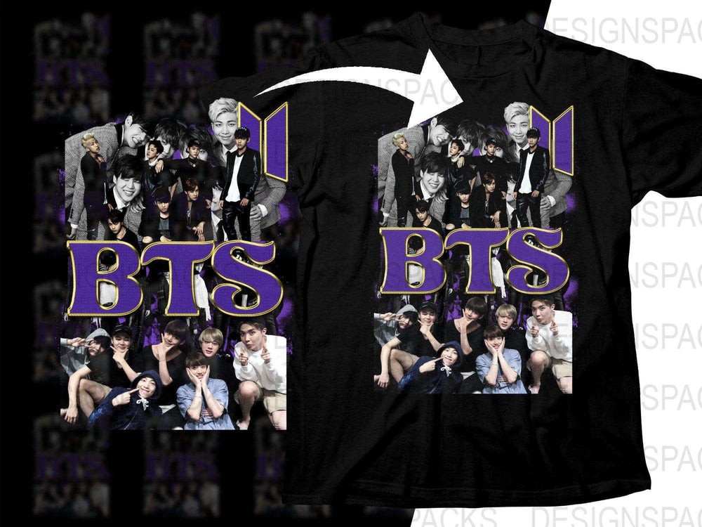 BTS group photo design on black t-shirt, purple and gold text, print-ready for DTG/DTF