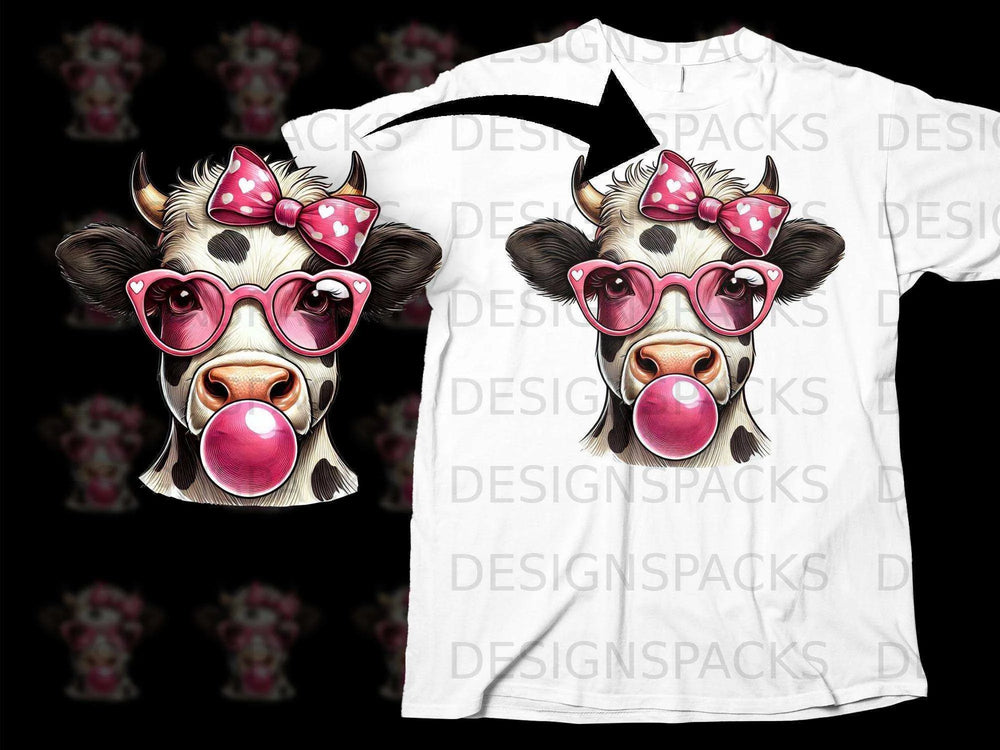 Cute Cow Wearing Pink Glasses and Bow T-Shirt