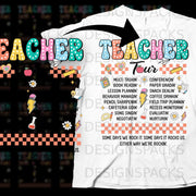 Teacher Tour t-shirt design with school supplies and phrases about teaching.