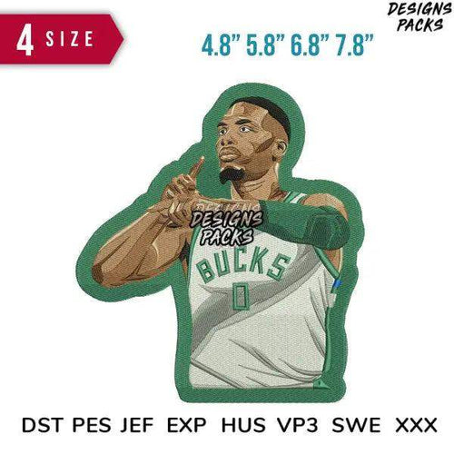 Embroidery design of basketball player in Bucks jersey, available in multiple sizes and formats