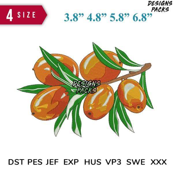 Embroidery design of orange fruits on branch with leaves, available in 4 sizes and multiple formats