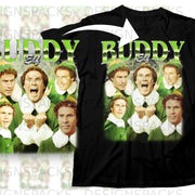 Buddy the Elf characters collage with green text on black t-shirt.