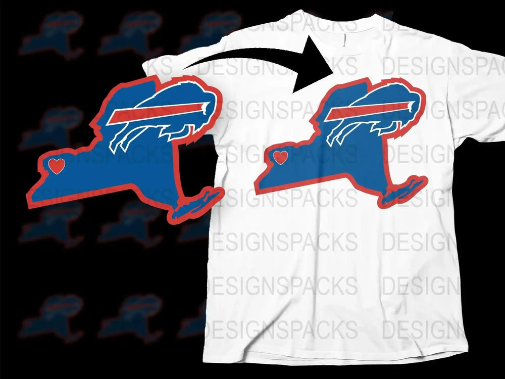 Buffalo Themed T-Shirt with Heart Logo, Blue and Red, Casual Sporty Apparel for Fans