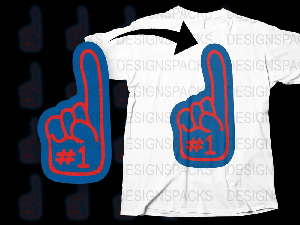 Number One Fan Foam Finger Graphic T-Shirt, Unisex Sports Event Tee, Casual White Shirt with Blue Print