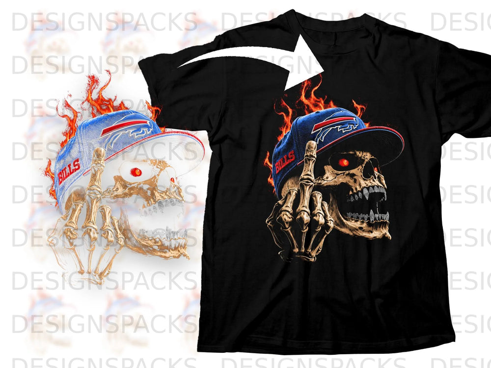 Black t-shirt with graphic of flaming skeleton skull and Bills baseball cap.