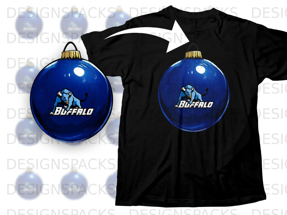 Black t-shirt with a blue Christmas ornament featuring a blue bull and "BUFFALO" text.