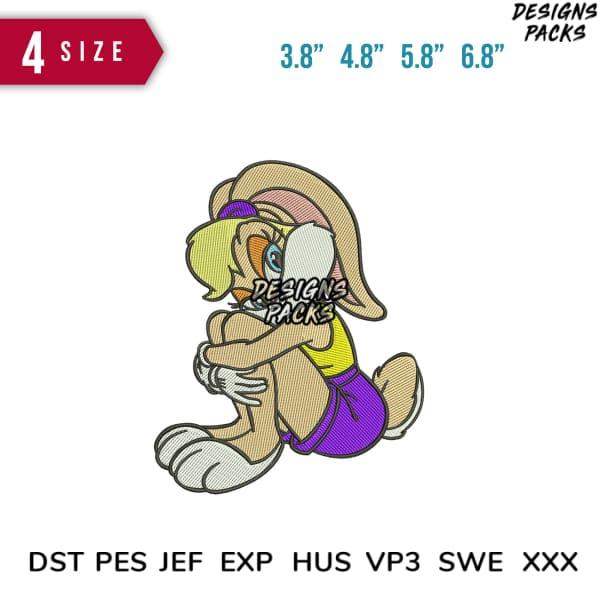 Embroidery design of a cartoon bunny in purple shorts, available in multiple sizes and formats.