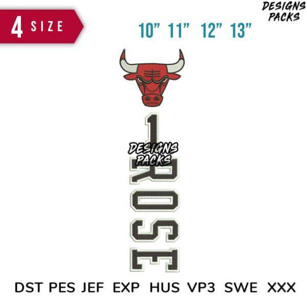 Chicago Bulls-inspired embroidery design with 'ROSE' text, available in 4 sizes and multiple formats