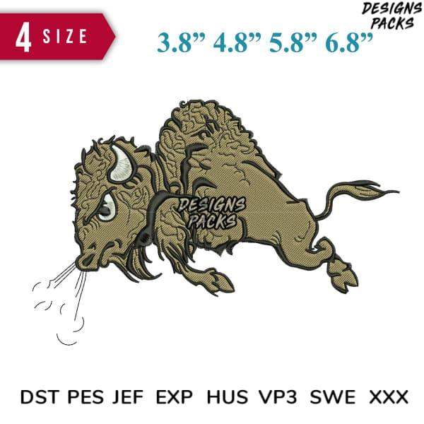 Embroidery design of a charging buffalo in 4 sizes, compatible with DST PES JEF formats for instant download.