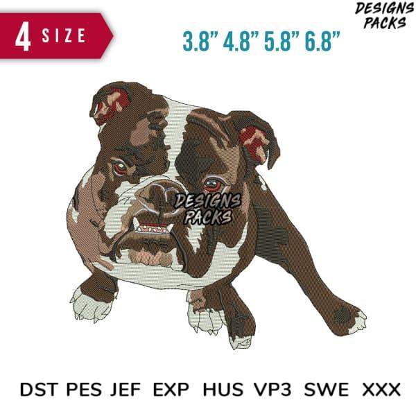 Embroidery design of a bulldog in 4 sizes, compatible with DST PES JEF formats for instant download