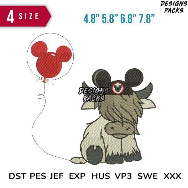 Cute cow with Mickey ears holding red balloon, embroidery design in multiple sizes and formats