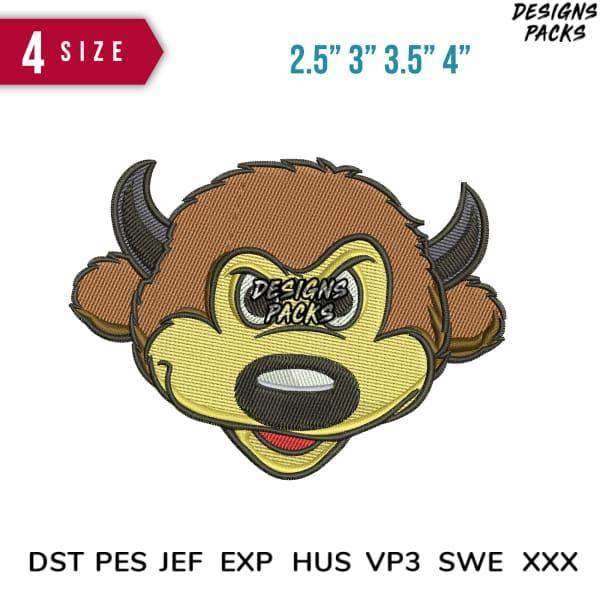 Embroidery design of a cartoon bull head in 4 sizes, compatible with DST PES JEF formats.