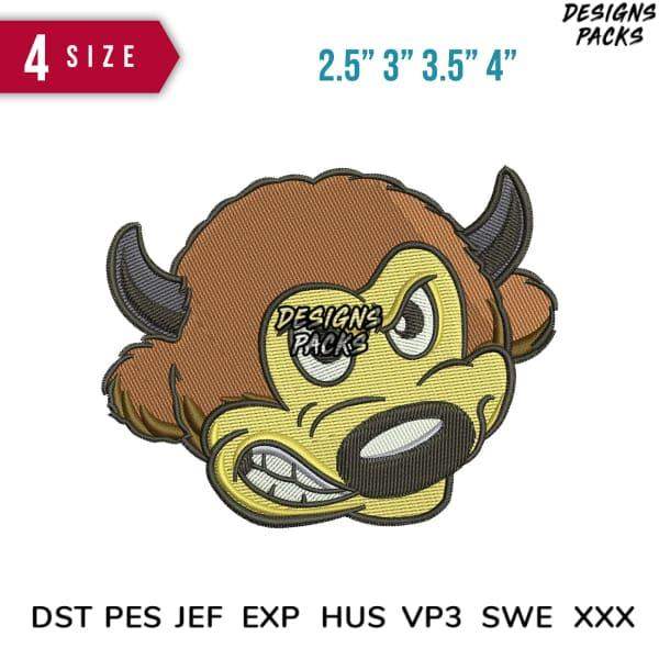 Angry bull mascot embroidery design in 4 sizes, compatible with DST PES JEF formats for instant download.