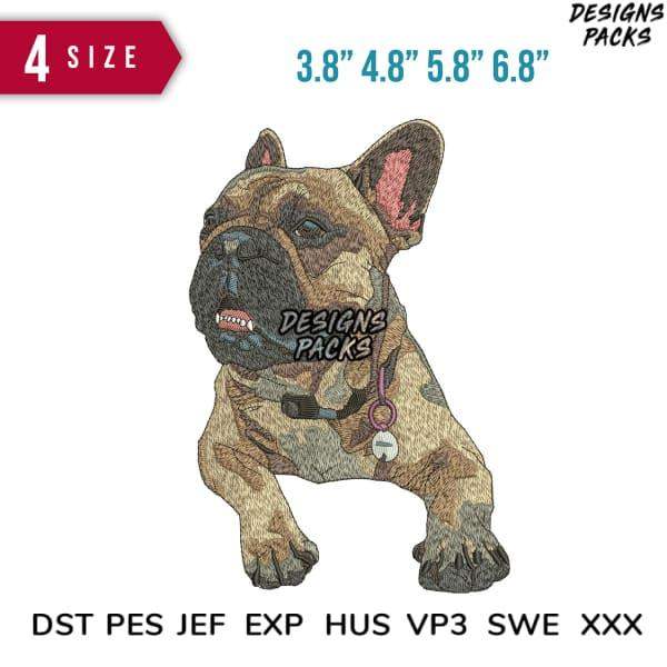 Embroidery design of a French Bulldog in 4 sizes, compatible with DST PES JEF formats for instant download.