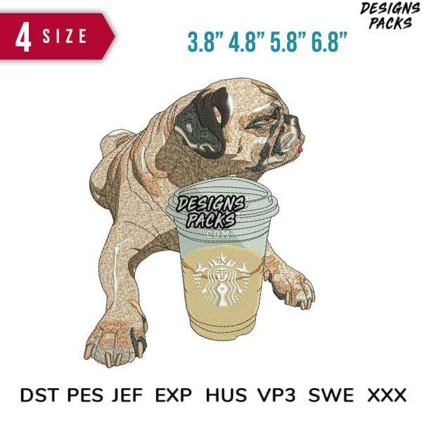 Pug holding Starbucks cup, embroidery design for DST PES JEF formats, 4 sizes available