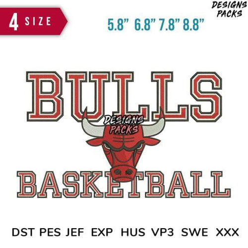 Bulls Basketball embroidery design with bull head, 4 sizes, DST PES JEF formats for instant download
