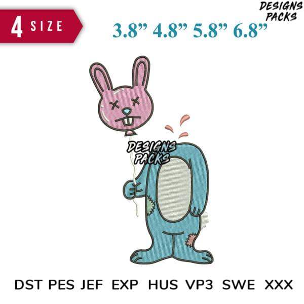 Embroidery design of a zombie bunny in blue suit, available in multiple sizes and formats