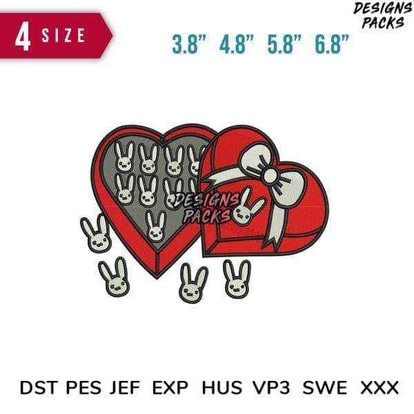 Cute bunny heart gift box embroidery design in 4 sizes, compatible with DST PES JEF formats for instant download.