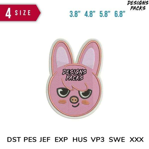 Pink bunny embroidery design with 'Designs Packs' text, available in 4 sizes, DST PES JEF formats