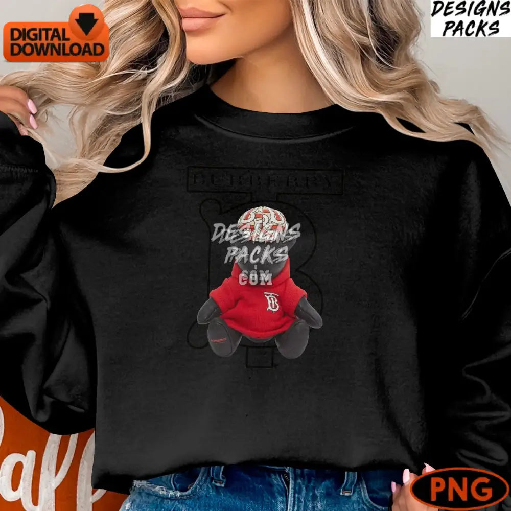 Burberry Inspired Teddy Bear Digital Png Cute Fashion With Logo Red Sweater Instant Download