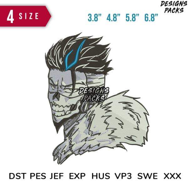 Skull with spiky hair and blue streak, embroidery design in DST PES formats, 4 sizes available