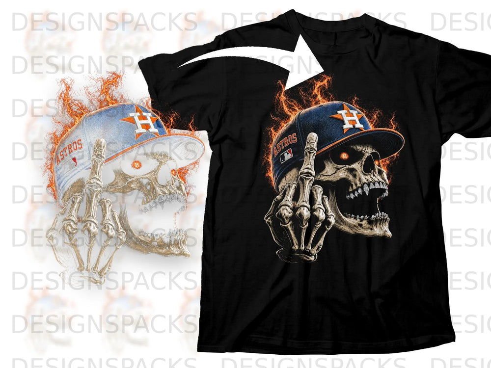 Skull and skeletal hand wearing an Astros cap amidst flames on a black t-shirt.
