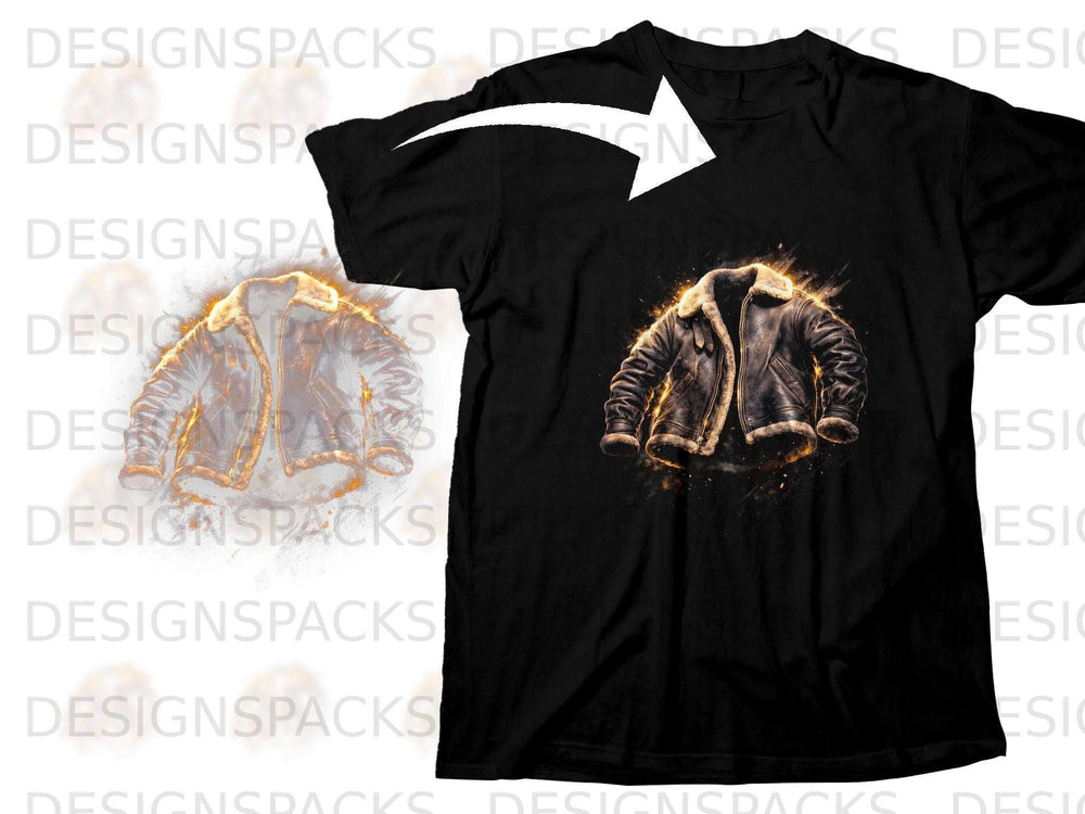 Black t-shirt with graphic of a distressed, fur-lined jacket with fiery accents.