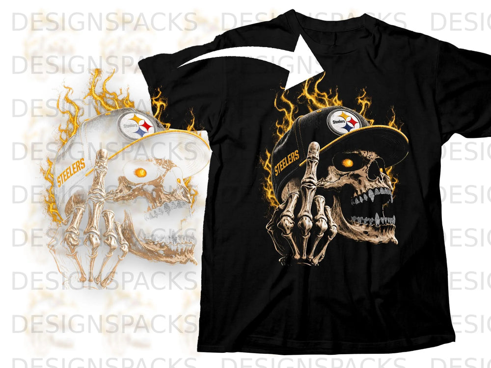 Black t-shirt featuring a flaming skull wearing a Steelers hat and giving the middle finger.
