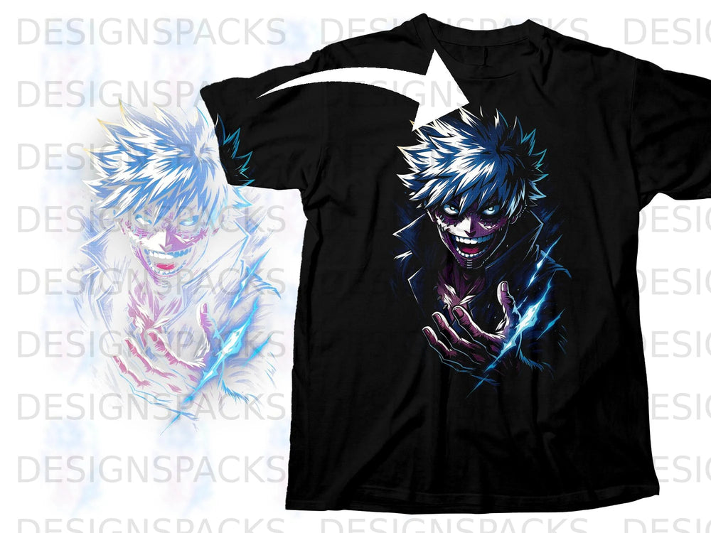 Black t-shirt featuring a graphic of an anime character with spiky white and blue hair.