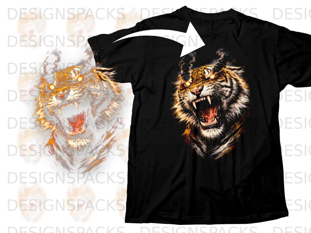 Black t-shirt with roaring tiger graphic, with smoke effects.