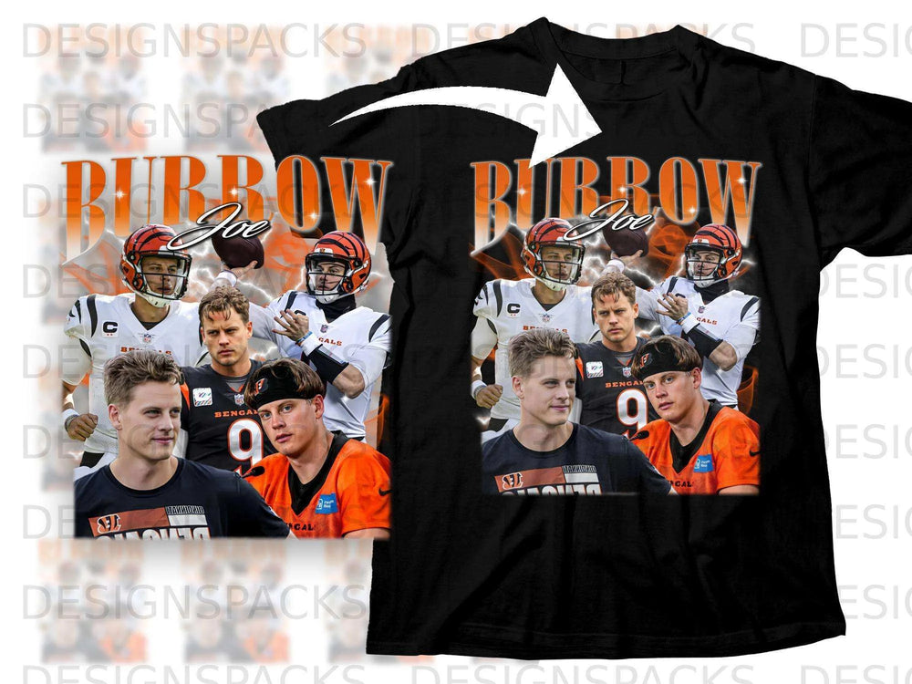 Cincinnati Bengals players Joe Burrow and Tee Higgins on an orange t-shirt.