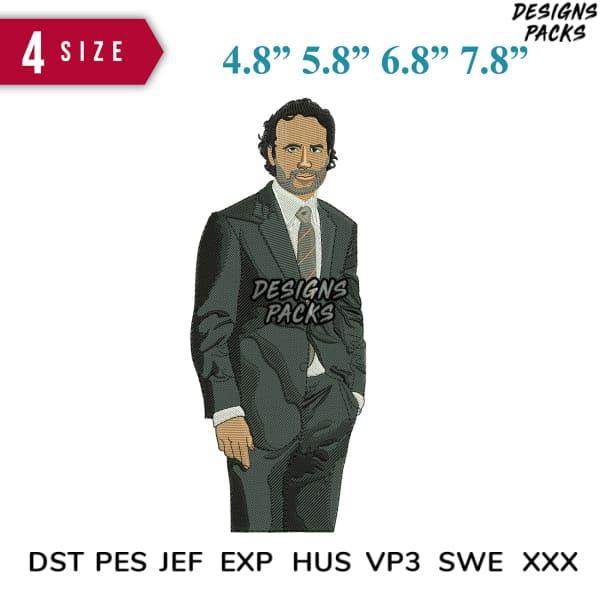 Embroidery design of a man in a suit, available in multiple sizes and formats for instant download.